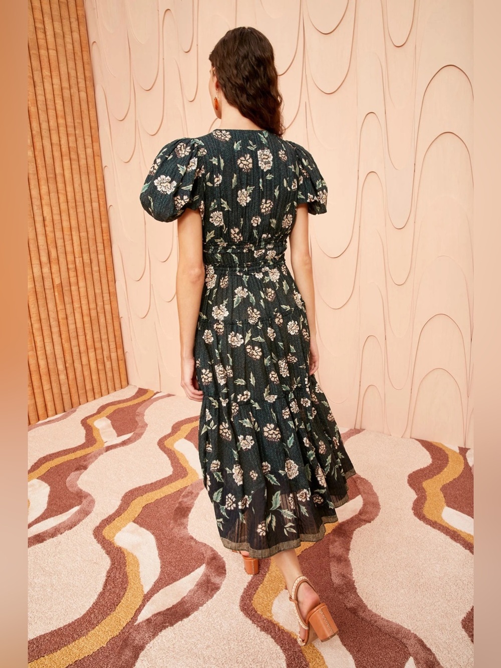 Ulla Johnson Eloisa Dark Green Floral Puff-Sleeve Midi Dress - Picture 4 of 7